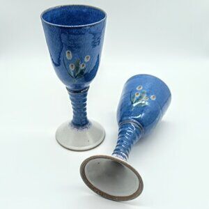 Handmade Blue Floral Artisan Signed Studio Pottery Goblets